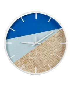 Promo π Cooper & Co 30cm Blue/Rattan Cayman Silent Movement Round Wall Clock β