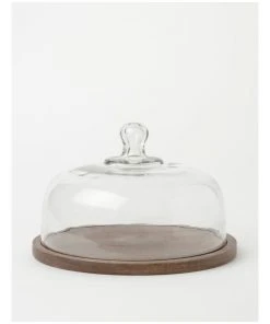 Outlet π Heritage Walnut Look Large Glass Dome Wood Board 30 Rnd x21.5cm β