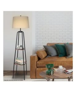Best Sale 🎉 Sarantino Etagere Floor Lamp Shelves Black Frame Round Linen White Fabric Shade Stand 🎁 -Deals Home Décor Store 828975430 5 720x928