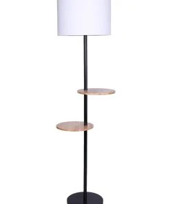 Deals ✨ Sarantino Metal Floor Lamp Stand With Black Post In Round Shade Wooden Shelves White 🎁