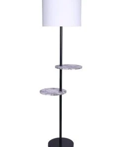 Deals 👏 Sarantino Metal Floor Lamp Stand Black Post In Round Shade Marble Finish Shelves White ✔️