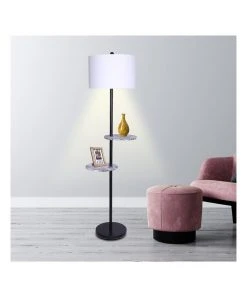 Deals 👏 Sarantino Metal Floor Lamp Stand Black Post In Round Shade Marble Finish Shelves White ✔️ -Deals Home Décor Store 828975970 5 720x928