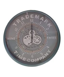 New 😉 La Florentina La Marque Round Modern Moving Cogs Clock 80cm Grey And Metal Green 👏